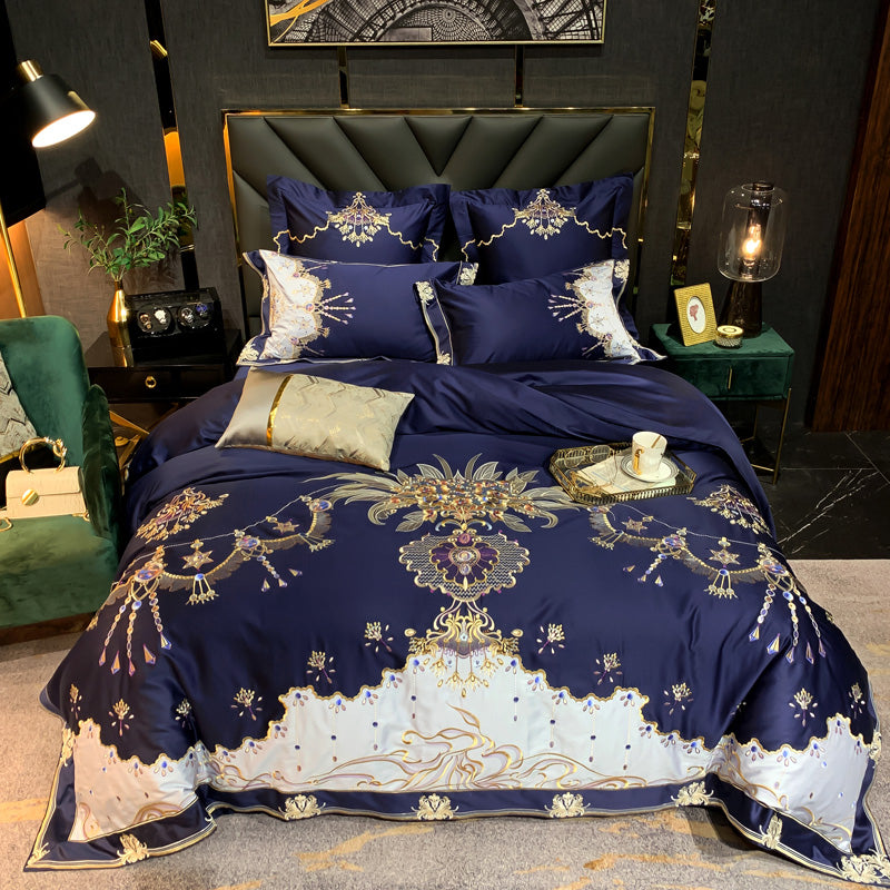 Indulge in luxury and comfort with the Venezia Blue Luxury Palace Embroidery Satin Cotton Royal Duvet Bedding Set. Make a stylish statement with this complete bedding solution.