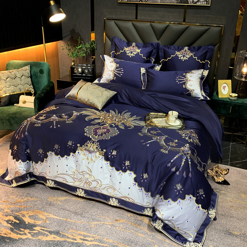 Indulge in luxury and comfort with the Venezia Blue Luxury Palace Embroidery Satin Cotton Royal Duvet Bedding Set. Make a stylish statement with this complete bedding solution.