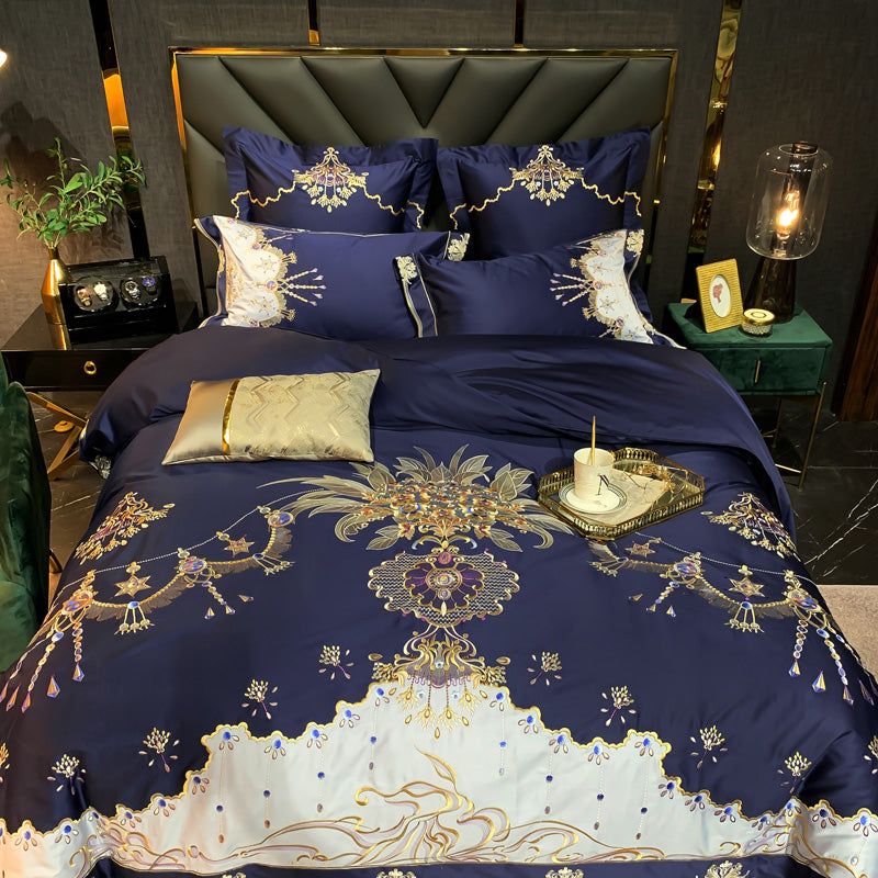 Indulge in luxury and comfort with the Venezia Blue Luxury Palace Embroidery Satin Cotton Royal Duvet Bedding Set. Make a stylish statement with this complete bedding solution.