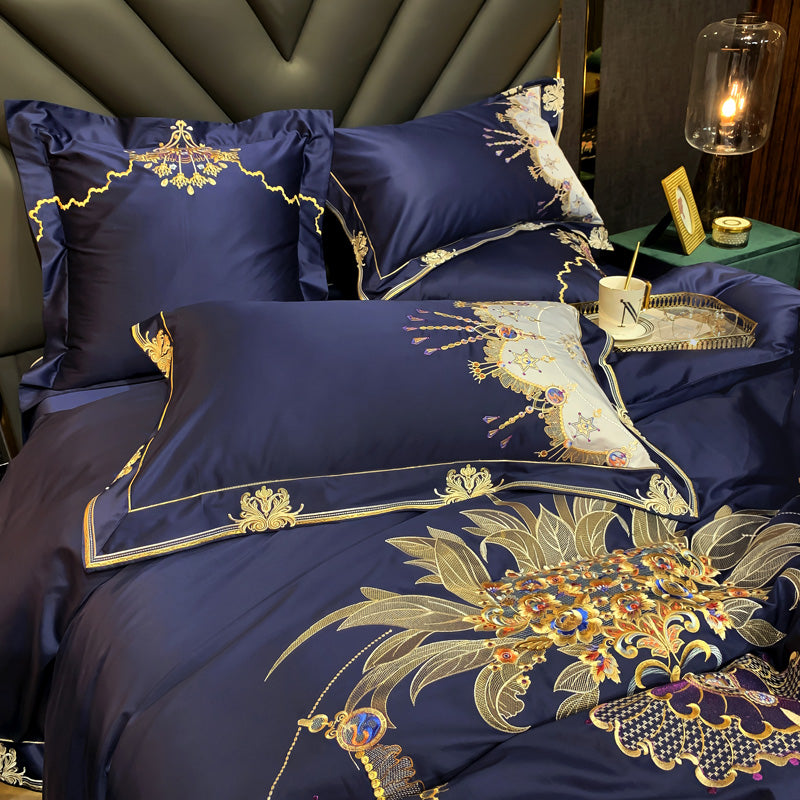 Indulge in luxury and comfort with the Venezia Blue Luxury Palace Embroidery Satin Cotton Royal Duvet Bedding Set. Make a stylish statement with this complete bedding solution.