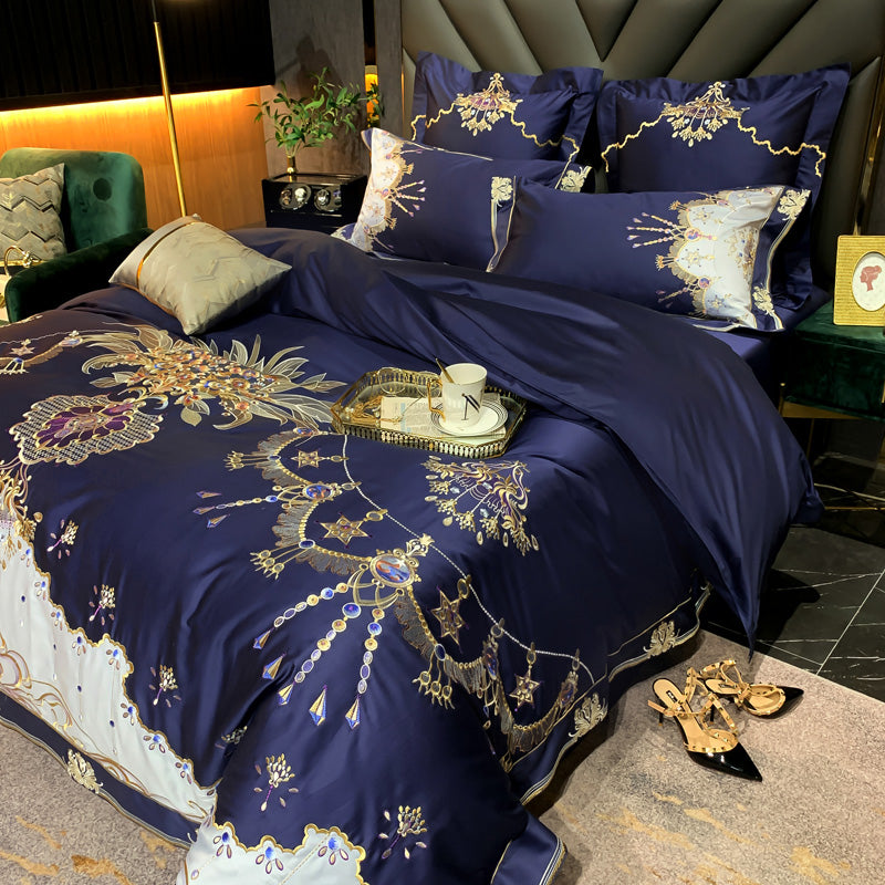 Indulge in luxury and comfort with the Venezia Blue Luxury Palace Embroidery Satin Cotton Royal Duvet Bedding Set. Make a stylish statement with this complete bedding solution.