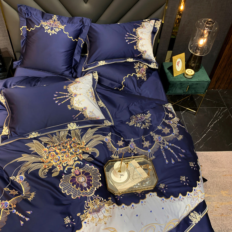 Indulge in luxury and comfort with the Venezia Blue Luxury Palace Embroidery Satin Cotton Royal Duvet Bedding Set. Make a stylish statement with this complete bedding solution.