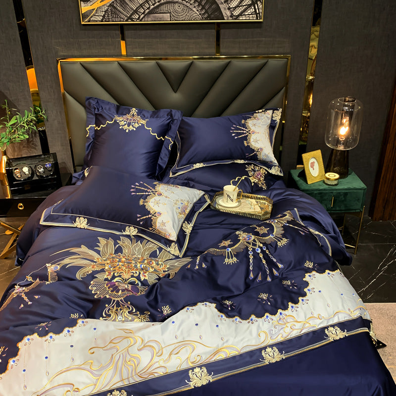 Indulge in luxury and comfort with the Venezia Blue Luxury Palace Embroidery Satin Cotton Royal Duvet Bedding Set. Make a stylish statement with this complete bedding solution.