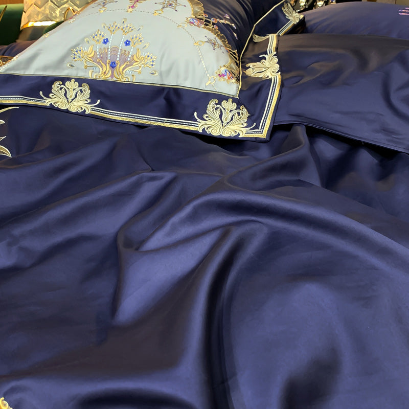 Indulge in luxury and comfort with the Venezia Blue Luxury Palace Embroidery Satin Cotton Royal Duvet Bedding Set. Make a stylish statement with this complete bedding solution.