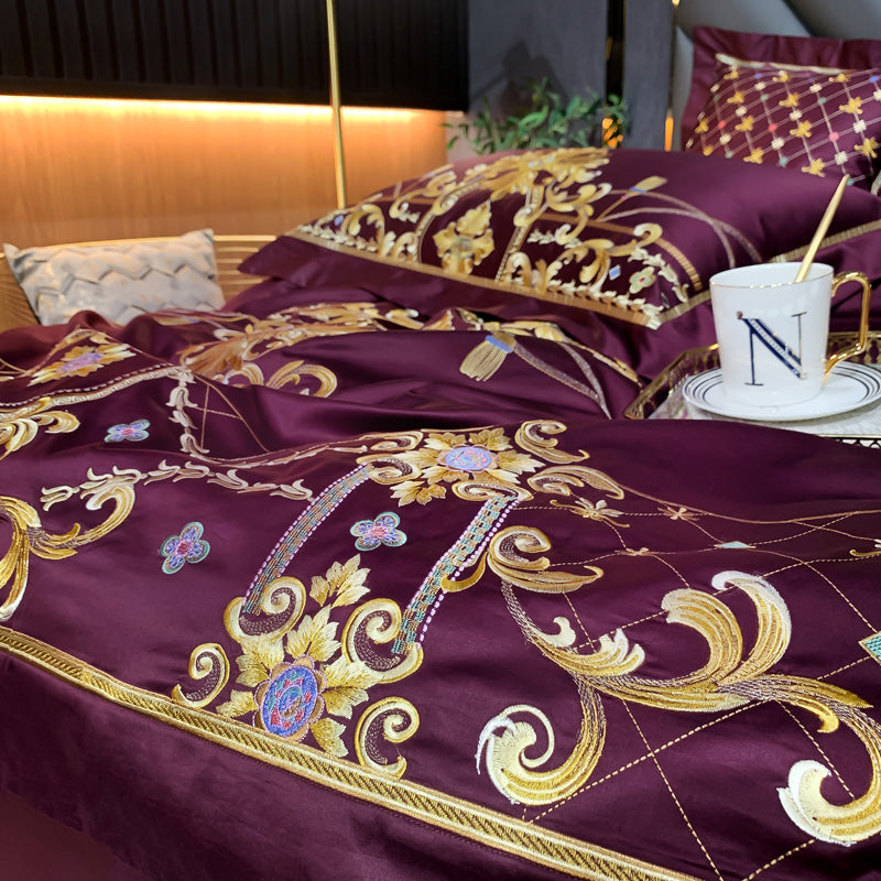 Venezia Viola Luxury Palace Embroidery Egyptian Cotton Royal Duvet Bedding Set - DARIYA HOME