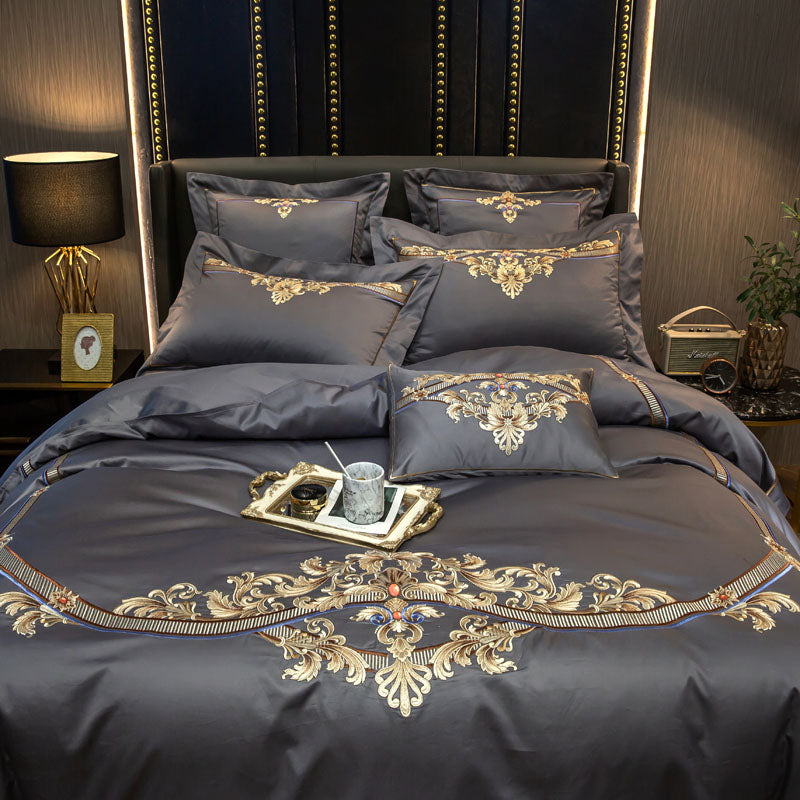 Hadizha Grey Luxury Palace Embroidery Egyptian Cotton Royal Duvet Bedding Set - DARIYA HOME