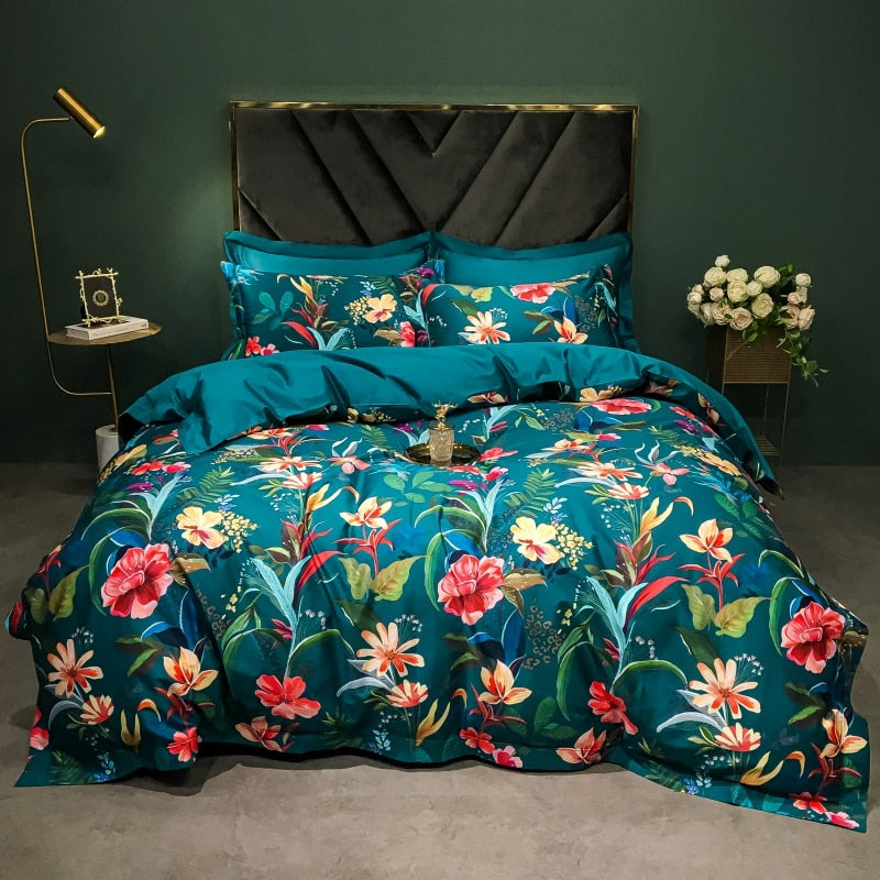 Brigitte Blue Lagoon Floral Design Egyptian Cotton Bedding Set - DARIYA HOME