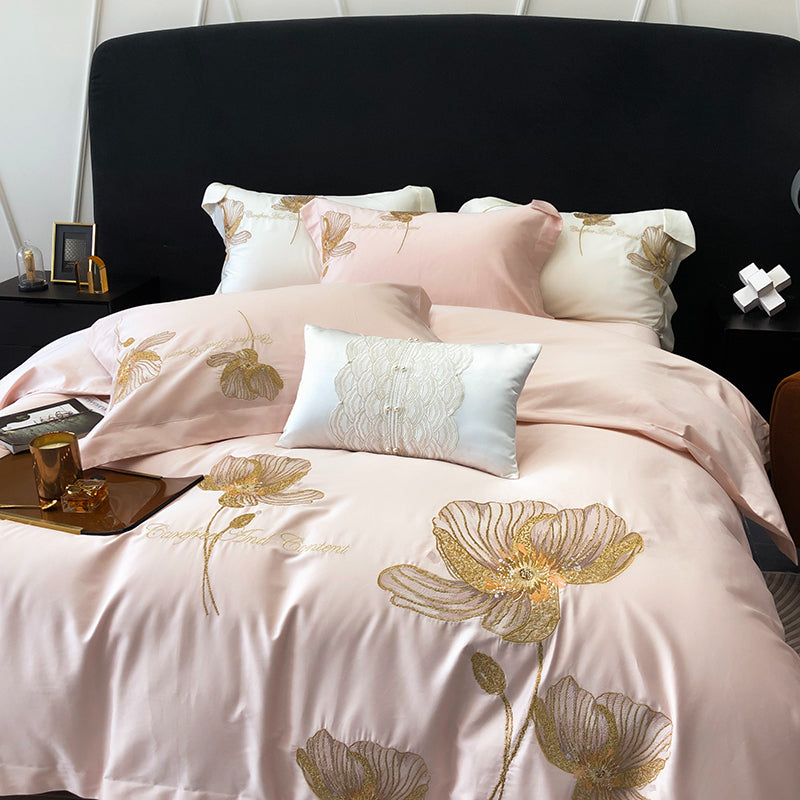 Brigitte Flora Pink Egyptian Cotton Luxury Embroidered Bedding Set - DARIYA HOME