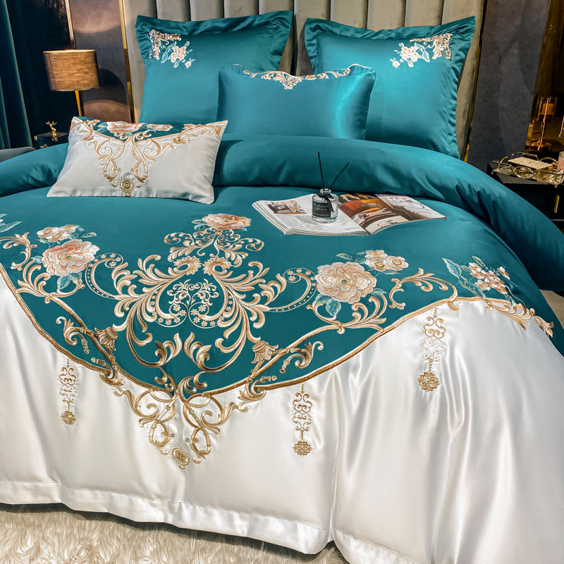 Julieta Deep Sea Green Luxury 600 TC Cotton Flowers Royal Embroidery Duvet Bedding Set - DARIYA HOME