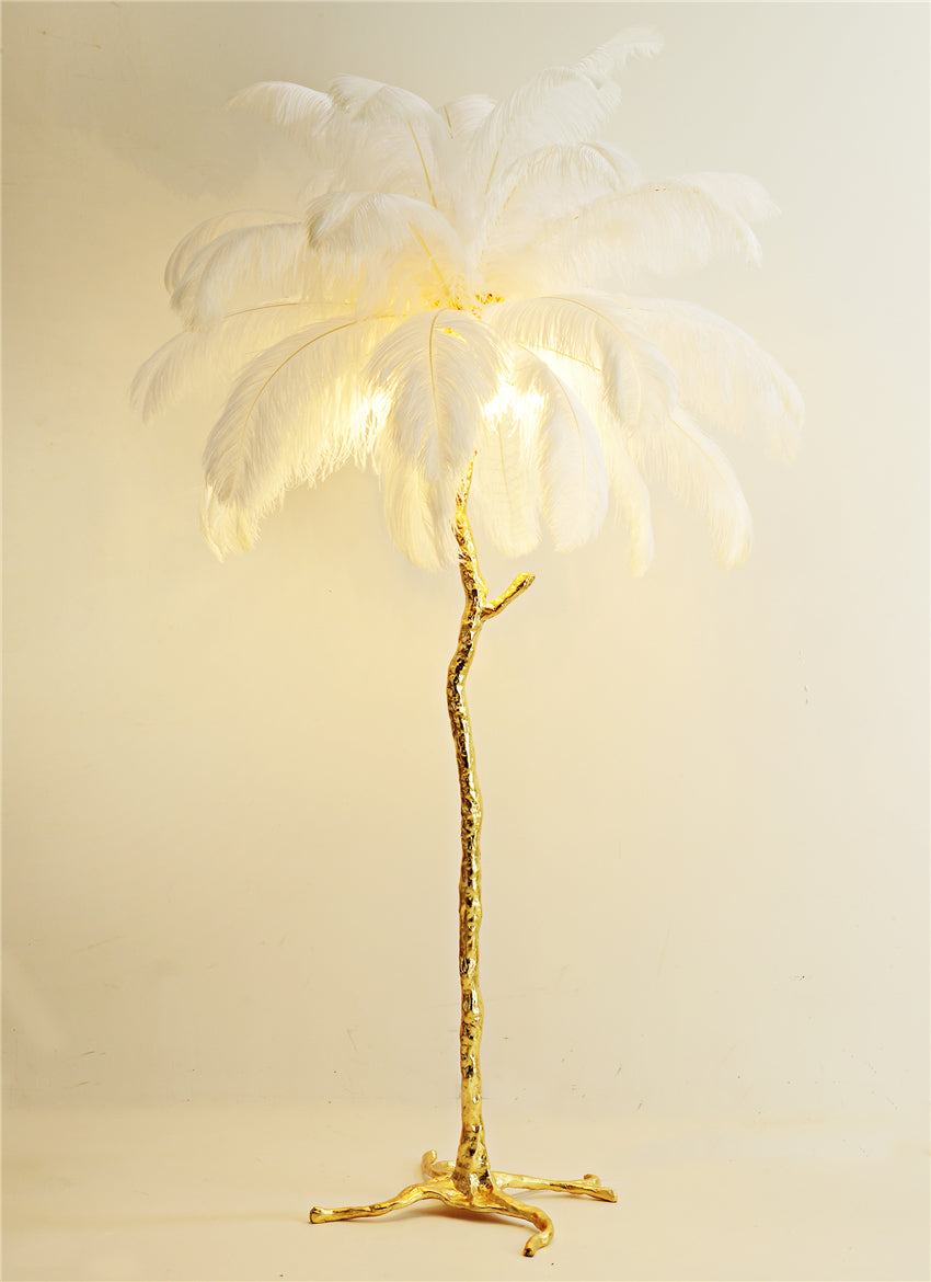 "King of The Jungle" White Ostrich Feathers Handcrafted Copper Body Decor Floor Table Lamp - DARIYA HOME