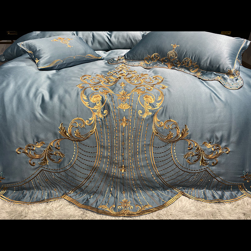 Lucia Pale Sky Royal Luxury Soft Satin Egyptian Cotton Royal Embroidery Duvet Bedding Set - DARIYA HOME