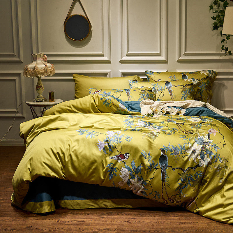 Julia Yellow Bird Floral 600TC Egyptian Cotton Duvet Bedding Set - DARIYA HOME