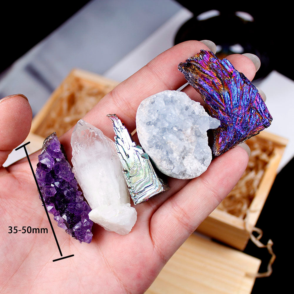 Natural Crystals 5 Pieces Set Home Collection Wooden Box Gift