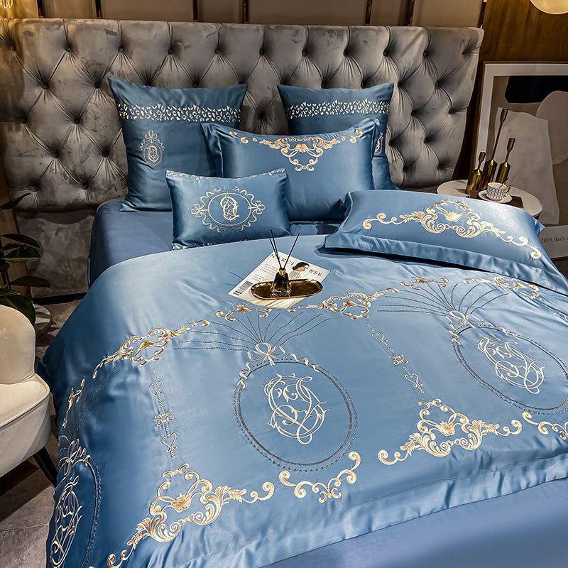 Naomi Rock Blue Luxury 600TC Satin Egyptian Cotton Royal Embroidery Duvet Bedding Set - DARIYA HOME