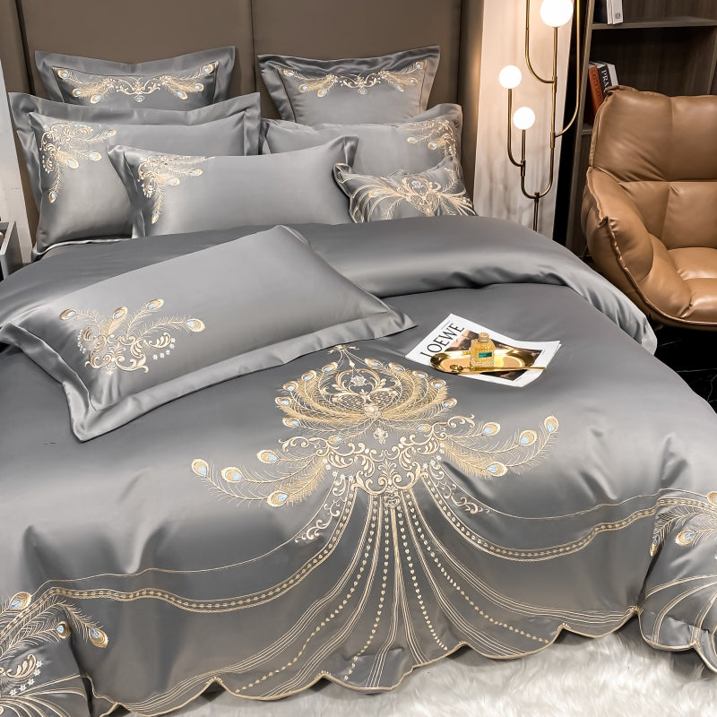 Virginia Dawn Luxury Satin Egyptian Cotton Royal Feather Embroidery Duvet Bedding Set - DARIYA HOME