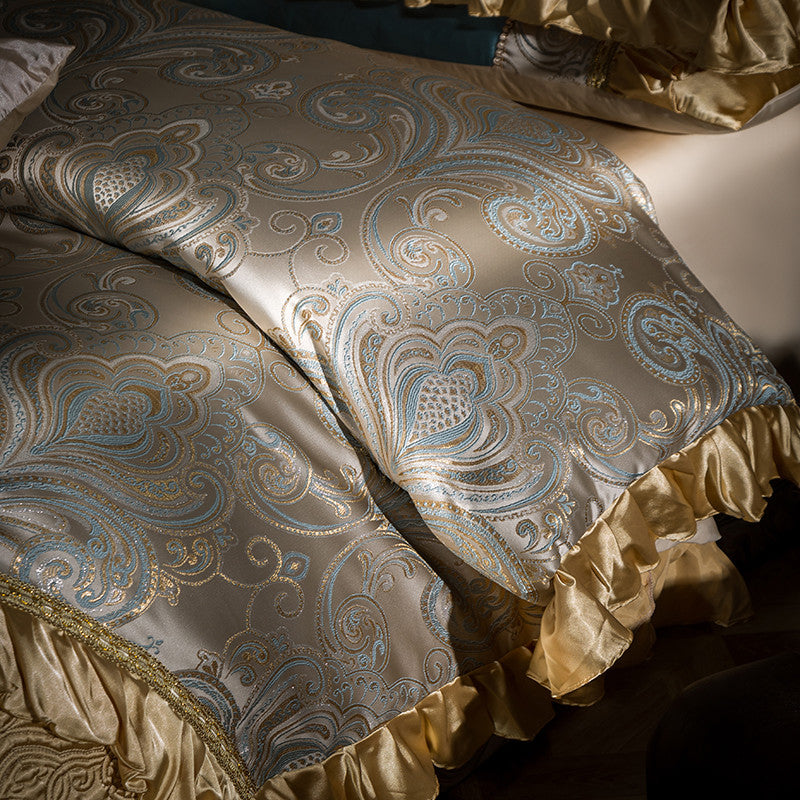 Jacqueline Gold Blue Satin Jacquard Egyptian Cotton Royal Luxury Embroidered Duvet Cover Set - DARIYA HOME