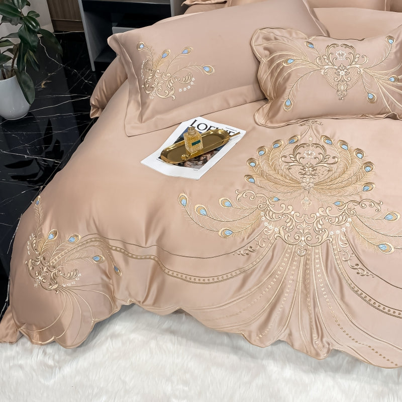 Virginia Almond Luxury Satin Egyptian Cotton Royal Feather Embroidery Duvet Bedding Set - DARIYA HOME