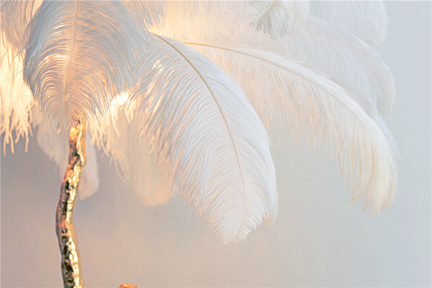 "King of The Jungle" White Ostrich Feathers Handcrafted Copper Body Decor Floor Table Lamp - DARIYA HOME