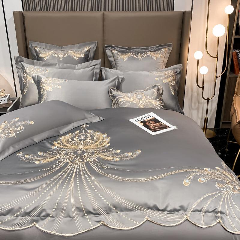 Virginia Dawn Luxury Satin Egyptian Cotton Royal Feather Embroidery Duvet Bedding Set - DARIYA HOME