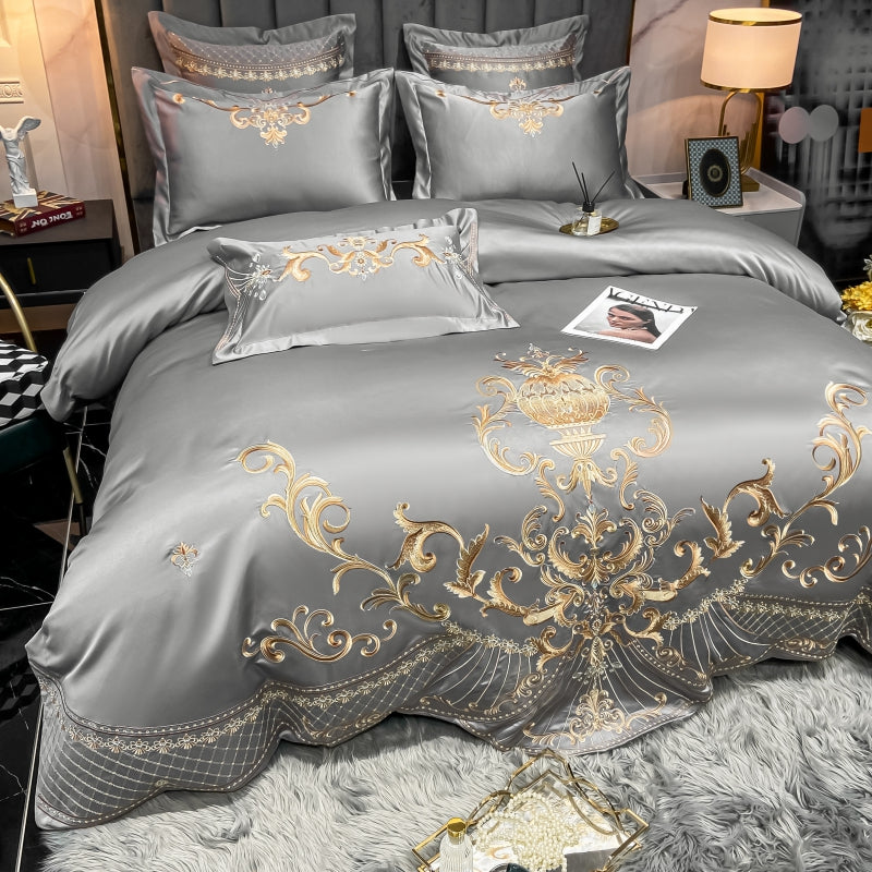 Elmira Grey 600TC Satin Egyptian Cotton Royal Embroidery Duvet Bedding Set - DARIYA HOME