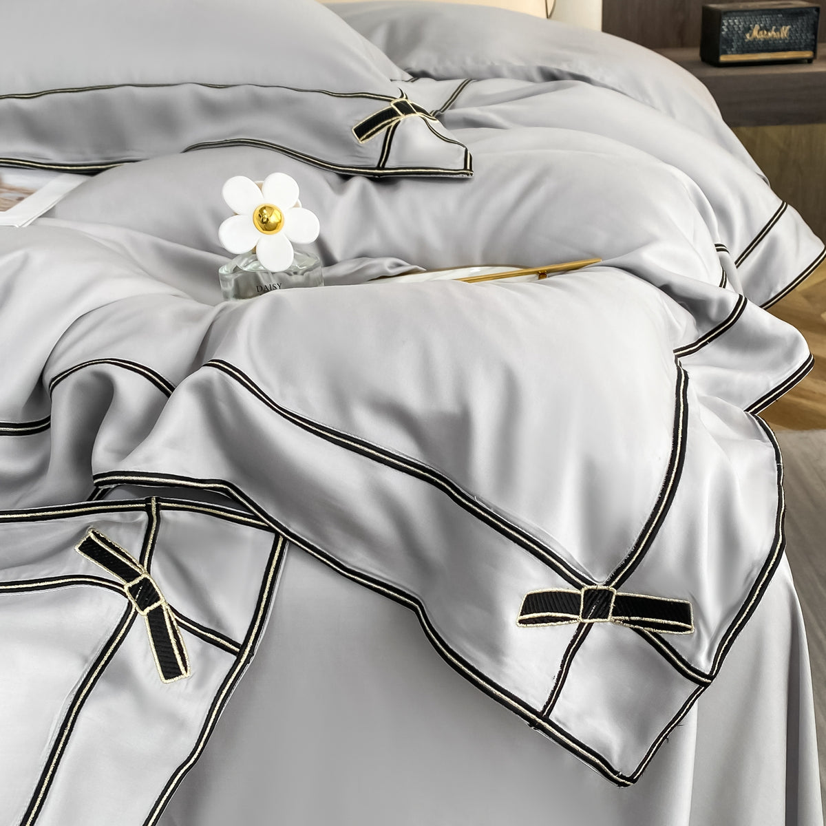 Nuria Silver Bamboo Fiber Breathable Princess Bowknot Bedding Set - DARIYA HOME