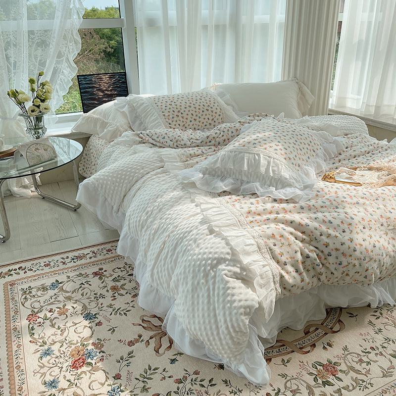 Regina White Coral Velvet Soft Fleece Floral Bedding Set - DARIYA HOME