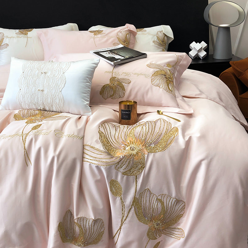 Brigitte Flora Pink Egyptian Cotton Luxury Embroidered Bedding Set - DARIYA HOME