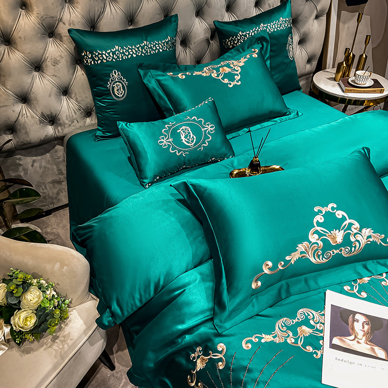 Naomi Persian Green Luxury 600TC Satin Egyptian Cotton Royal Embroidered Duvet Bedding Set - DARIYA HOME