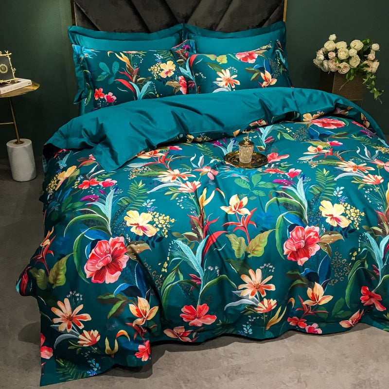 Brigitte Blue Lagoon Floral Design Egyptian Cotton Bedding Set - DARIYA HOME