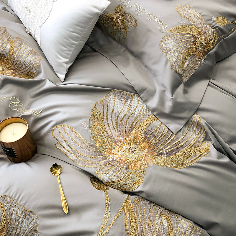 Flora Pale Slate Egyptian Cotton Luxury Embroidered Bedding Set - DARIYA HOME