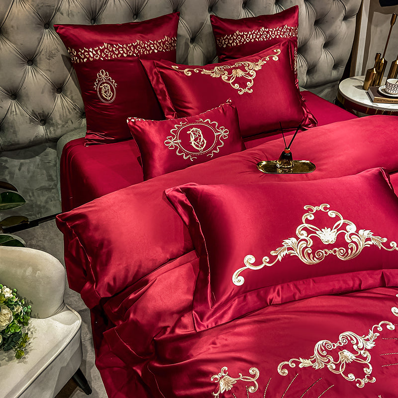 Naomi Cerise Red Luxury 600TC Satin Egyptian Cotton Royal Embroidered Duvet Bedding Set - DARIYA HOME