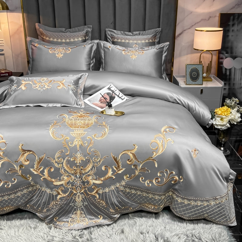 Elmira Grey 600TC Satin Egyptian Cotton Royal Embroidery Duvet Bedding Set - DARIYA HOME