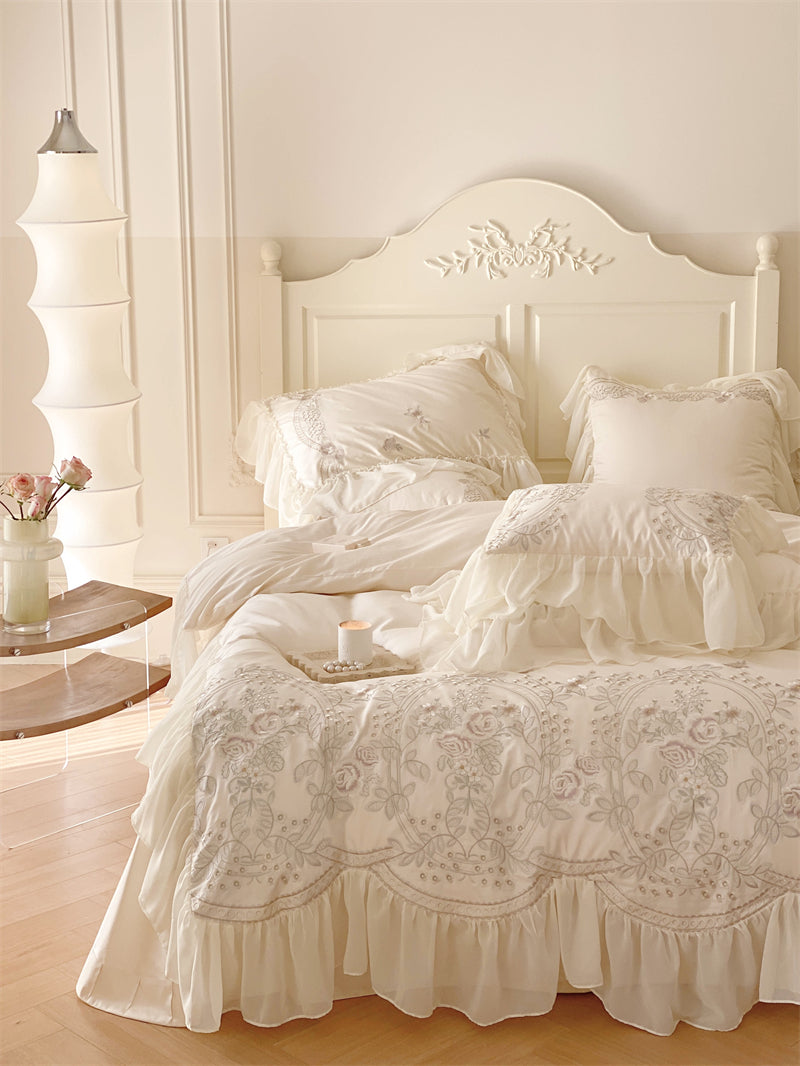 Brugge White Egyptian Cotton Embroidered Duvet Bedding Set - DARIYA HOME