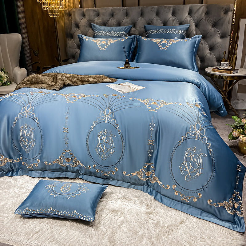 Naomi Rock Blue Luxury 600TC Satin Egyptian Cotton Royal Embroidery Duvet Bedding Set - DARIYA HOME