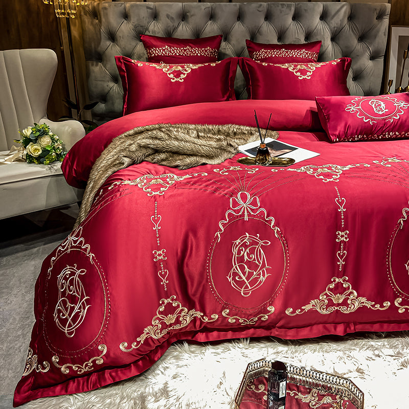 Naomi Cerise Red Luxury 600TC Satin Egyptian Cotton Royal Embroidered Duvet Bedding Set - DARIYA HOME