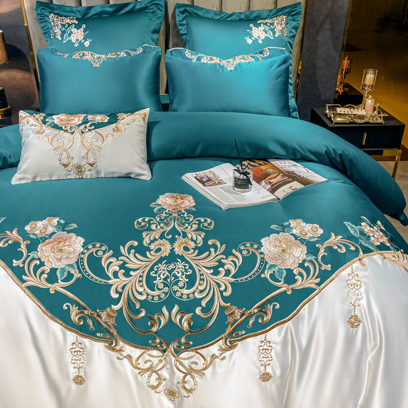 Julieta Deep Sea Green Luxury 600 TC Cotton Flowers Royal Embroidery Duvet Bedding Set - DARIYA HOME