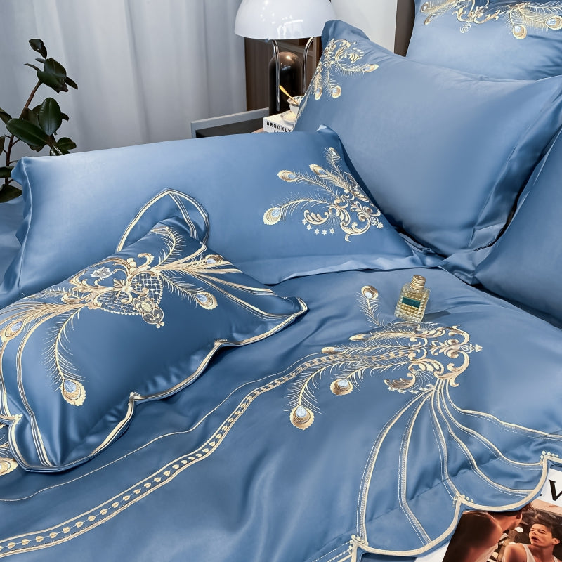 Virginia Blue Luxury Satin Egyptian Cotton Royal Feather Embroidery Duvet Bedding Set - DARIYA HOME