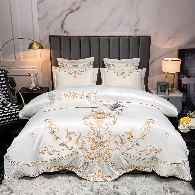 Elmira White Gold 600TC Satin Egyptian Cotton Royal Embroidery Duvet Bedding Set - DARIYA HOME