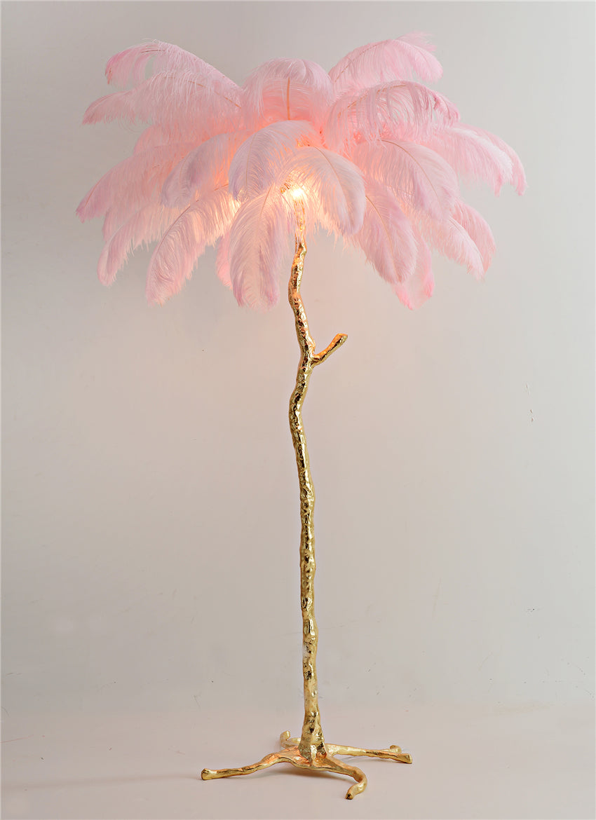 "King of The Jungle" Pink Ostrich Feathers Handcrafted Copper Body Decor Floor Table Lamp - DARIYA HOME