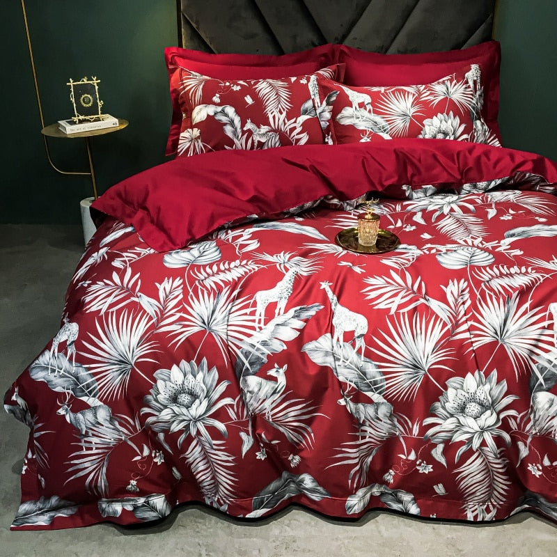 Brigitte Flush Mahogany Floral Design Egyptian Cotton Bedding Set - DARIYA HOME