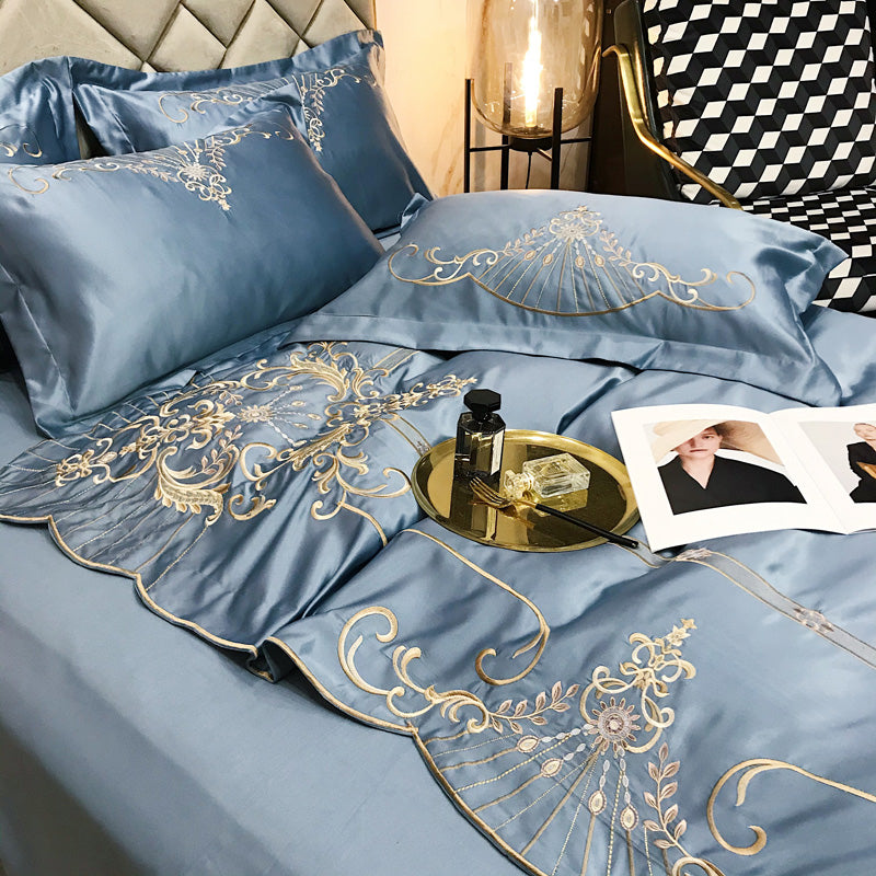 Victoria Dark Blue Luxury 600TC Satin Egyptian Cotton Royal Embroidery Duvet Bedding Set - DARIYA HOME