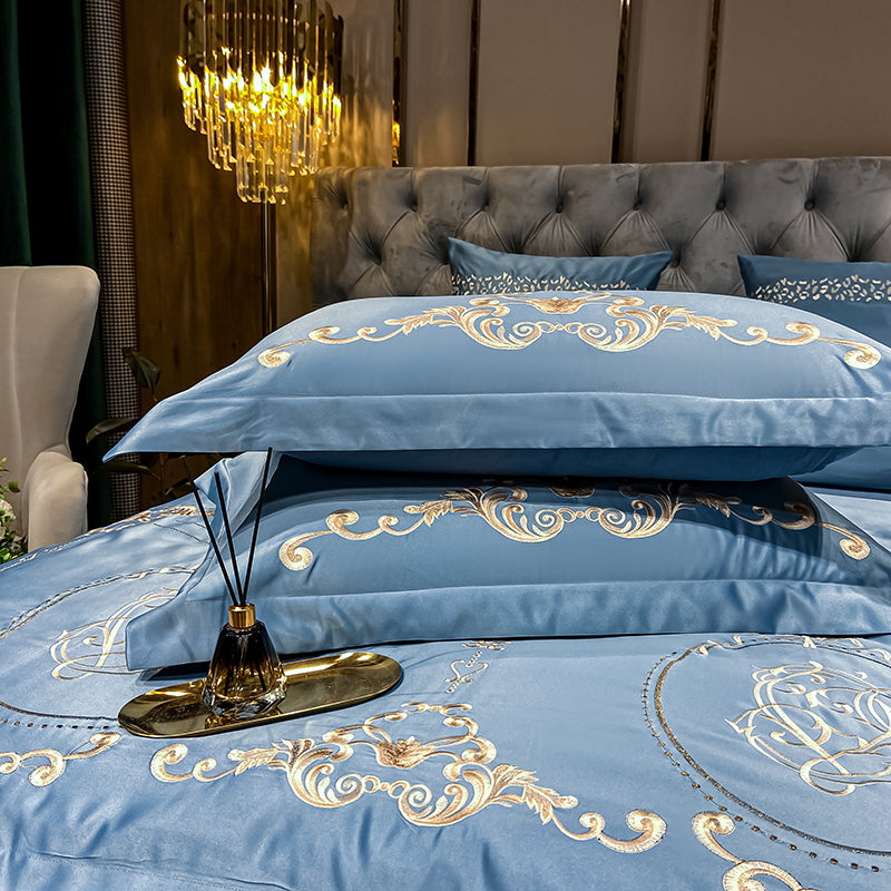 Naomi Rock Blue Luxury 600TC Satin Egyptian Cotton Royal Embroidery Duvet Bedding Set - DARIYA HOME