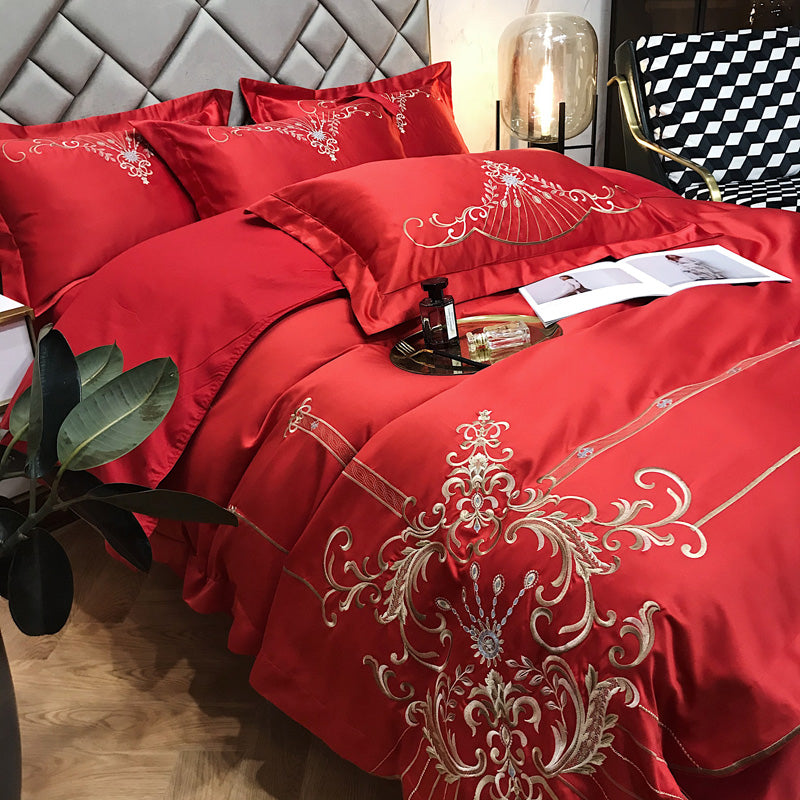 Victoria Red Luxury 600TC Satin Egyptian Cotton Royal Embroidery Duvet Bedding Set - DARIYA HOME