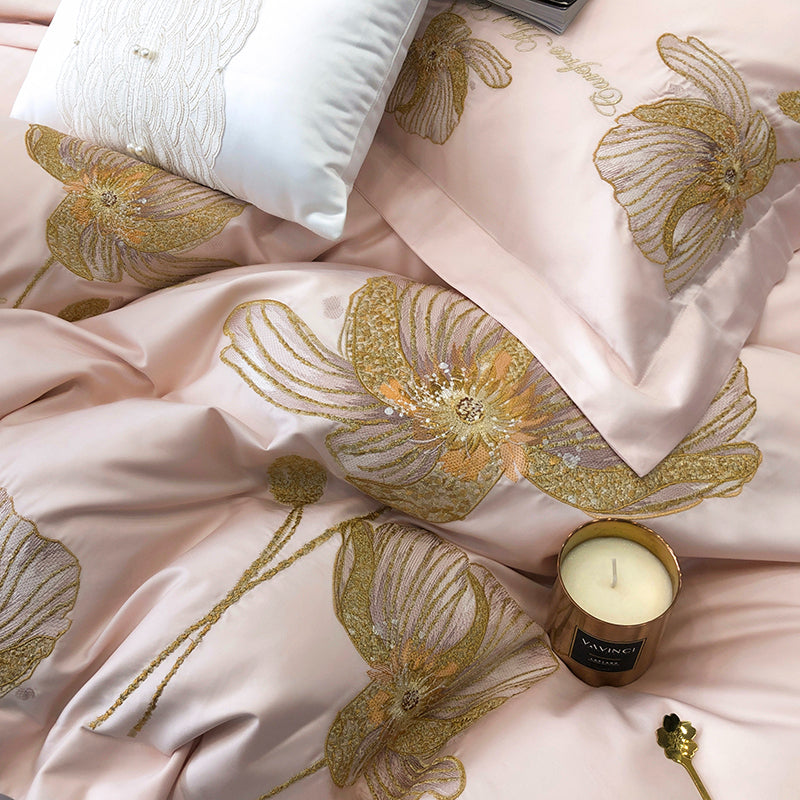 Brigitte Flora Pink Egyptian Cotton Luxury Embroidered Bedding Set - DARIYA HOME