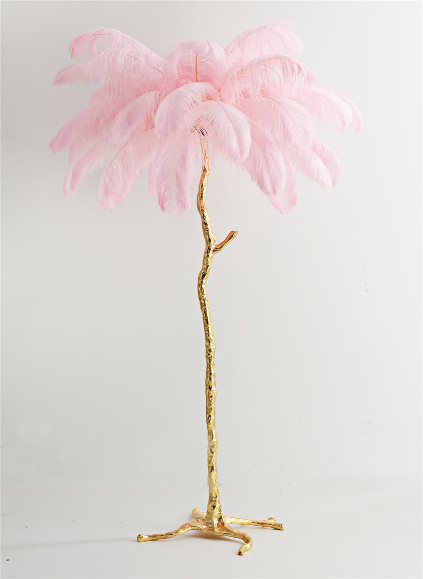 "King of The Jungle" Pink Ostrich Feathers Handcrafted Copper Body Decor Floor Table Lamp - DARIYA HOME