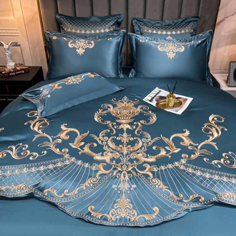 Elmira Blue 600TC Satin Egyptian Cotton Royal Embroidery Duvet Bedding Set - DARIYA HOME