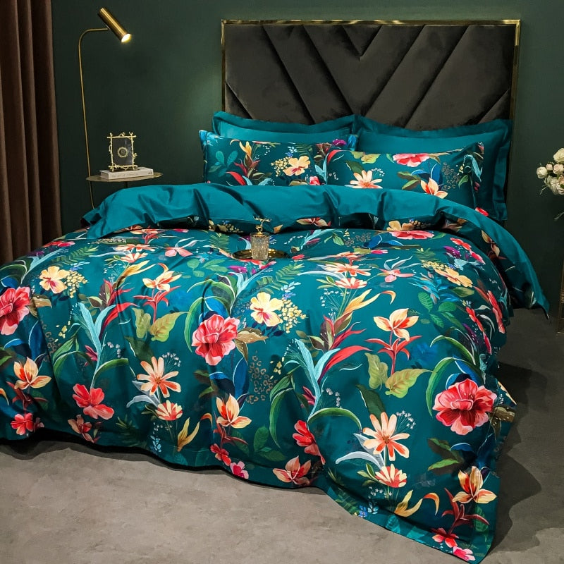 Brigitte Blue Lagoon Floral Design Egyptian Cotton Bedding Set - DARIYA HOME