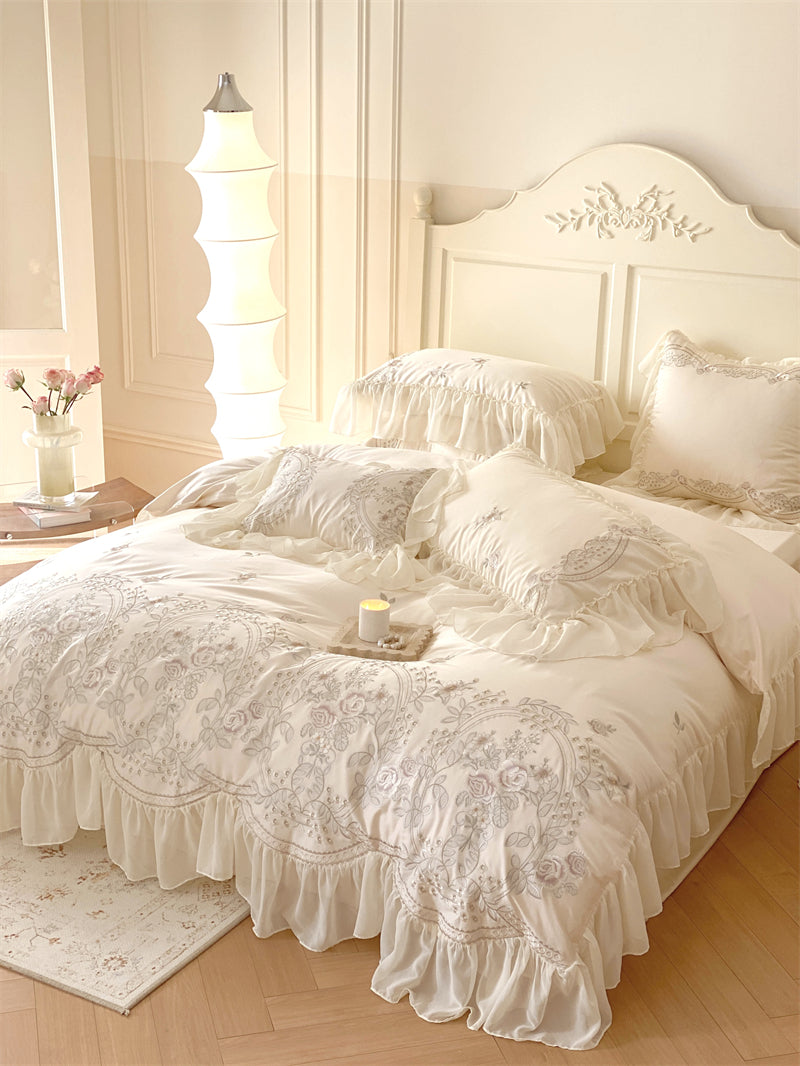 Brugge White Egyptian Cotton Embroidered Duvet Bedding Set - DARIYA HOME