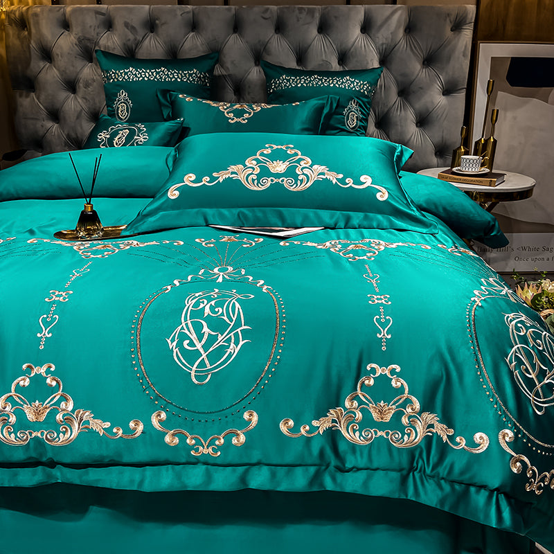 Naomi Persian Green Luxury 600TC Satin Egyptian Cotton Royal Embroidered Duvet Bedding Set - DARIYA HOME