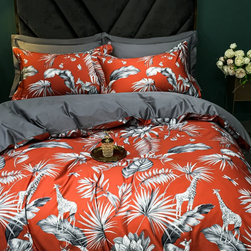 Brigitte Persimmon Floral Design Egyptian Cotton Bedding Set - DARIYA HOME